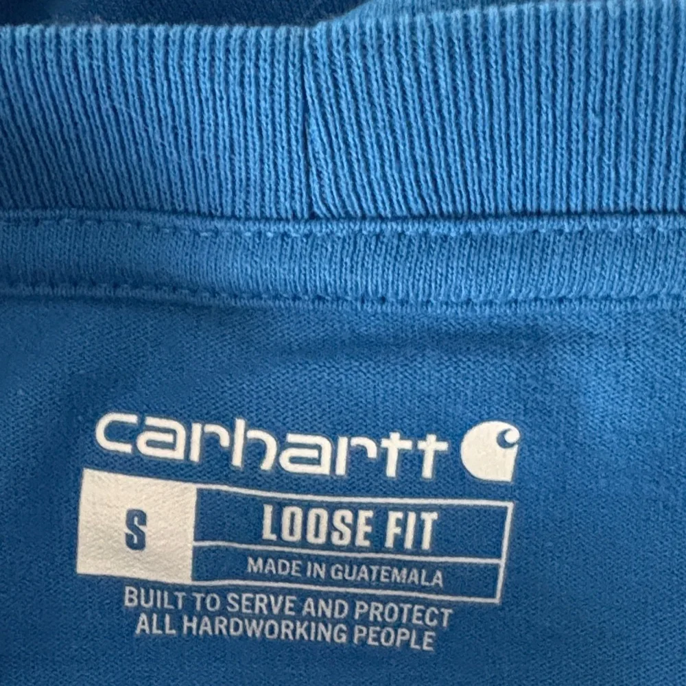 CARHARTT Classic Blue Crewneck w/ Pocket Sleeve Spellout Size Small — washed